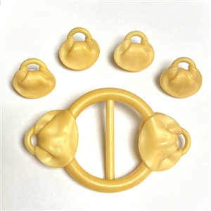 Vintage celluloid buckle and four matching buttons of purses.