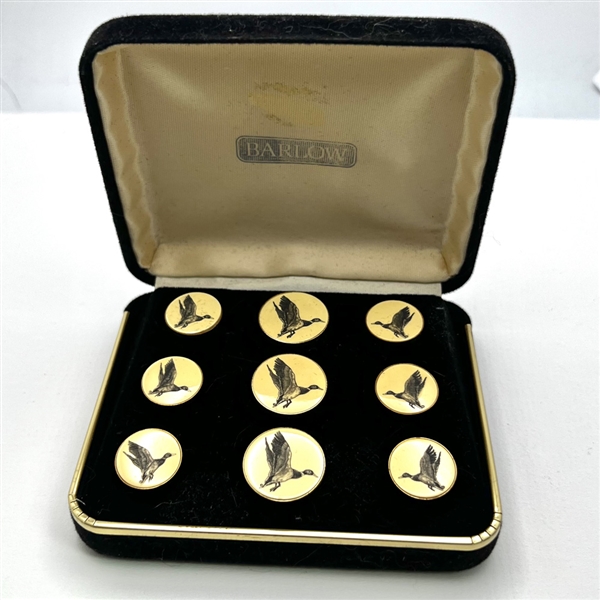 Set of scrimshaw mallard duck buttons in original case by Stephen Barlow.