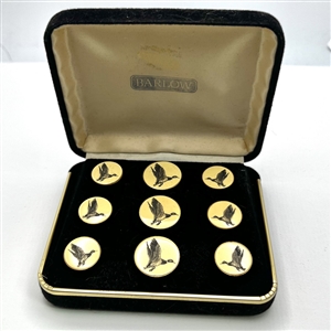 Set of scrimshaw mallard duck buttons in original case by Stephen Barlow.