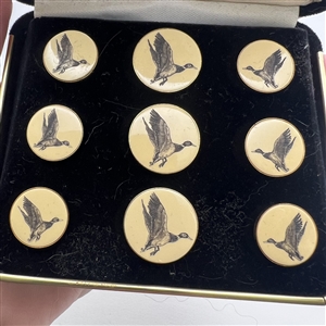 Set of scrimshaw mallard duck buttons in original case by Stephen Barlow.