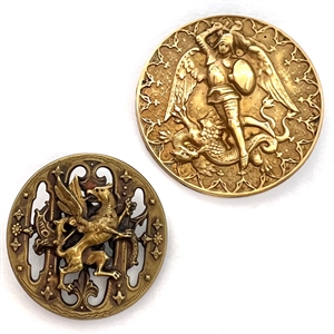 Two brass mythological buttons.
