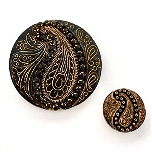Two Lacy black glass paisley buttons in mother / daughter sizes.