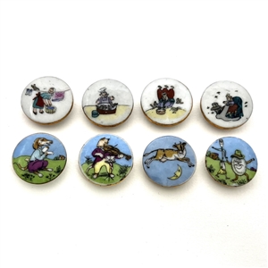 Eight nursery rhyme buttons by Lois Calkins.