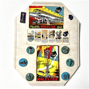 Card of six buttons and two pins from the 1962 Worlds Fair in Seattle.