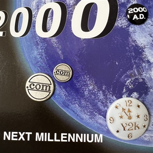 Original JHB Salesman card & brochure with 18 JHB buttons of “The Millennium and a glass button of Y2K.