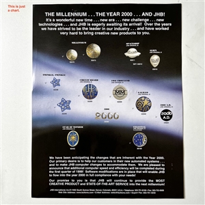 Original JHB Salesman card & brochure with 18 JHB buttons of “The Millennium and a glass button of Y2K.