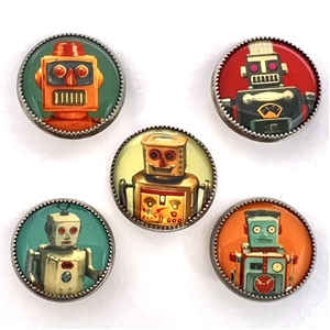 Five adorable robot buttons.
