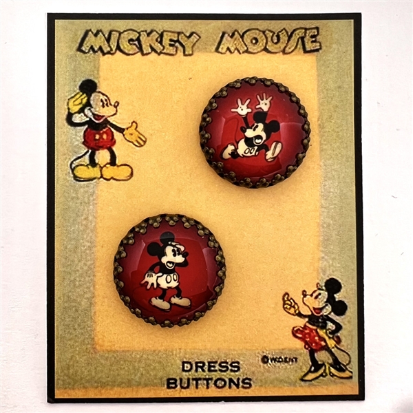 Two vintage Mickey Mouse buttons on original store card. 
