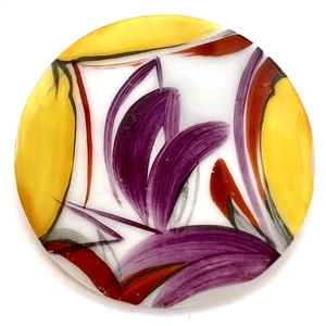 Painted porcelain button of an abstraction of a window with plant life.