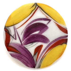 Painted porcelain button of an abstraction of a window with plant life.