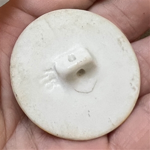 Painted porcelain button of an abstraction of a window with plant life.