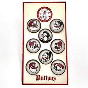 Eight vintage Snow White and 7 Dwarf buttons on original store card.
