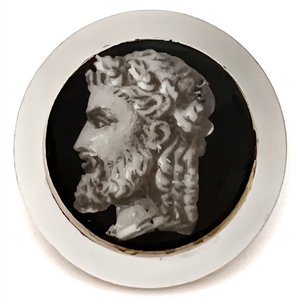 A 19th c. Liverpool transfer and painted ceramic of Greek mans head set in pearl button. 