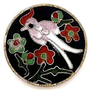 Modern cloisonné button of a bird among flowers. 