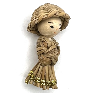 Woven wicker button of an Asian figure.