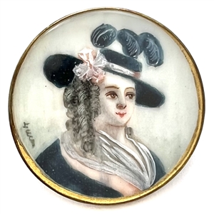 Painting on natural material button of a woman in feathered hat.