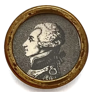 Printed paper under glass set in metal button of Lafayette (?).