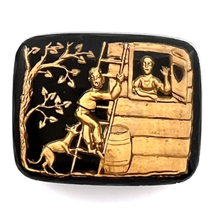 Reverse carved glass button of a man on ladder courting woman in window.