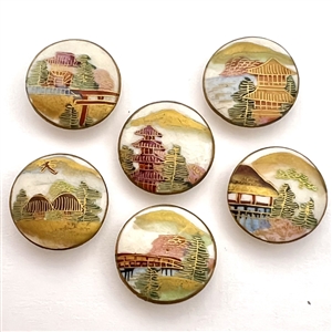 Six Satsuma buttons of architectural scenes. 