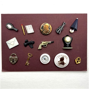 Card of fifteen buttons with a Sherlock Holmes mystery theme.