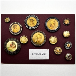 Card of thirteen Lithograph (mostly) portrait buttons.