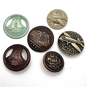 Six vintage celluloid buttons (one-piece 30s) of transportation. 
