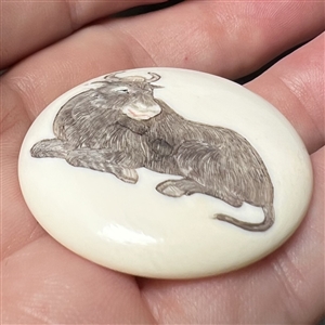 Incised and inked natural material button an ox. 