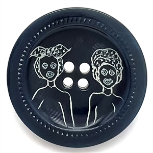 Incised, dyed and inked vegetable ivory button two figures in head scarves. 