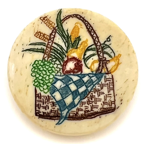 Incised and inked natural material button a full picnic basket.