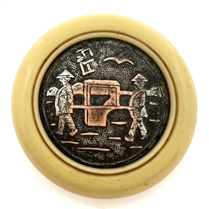 Japanese silvered metal work of a rickshaw set in natural material button.