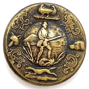 Sporting target button of a hunter with four animals in border.