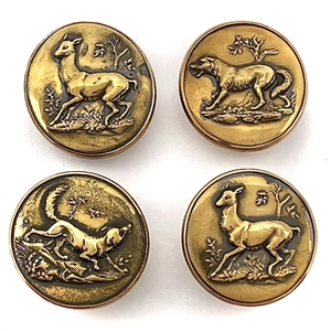 Four brass sporting buttons of deer, a wolf  and a fox.