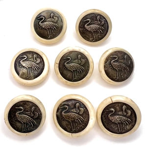 Set of eight buttons of peacocks - Japanese metal work set in natural material.