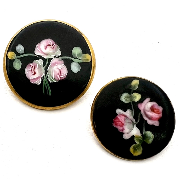 Two transfer and painted porcelain buttons of roses. 