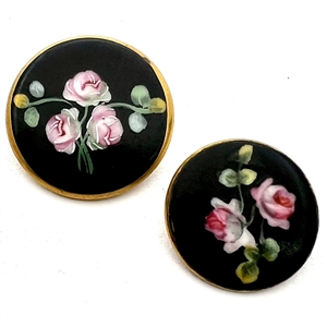 Two transfer and painted porcelain buttons of roses. 