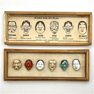 Set of six Arita porcelain “Noh Theatre Masks" buttons in original box.