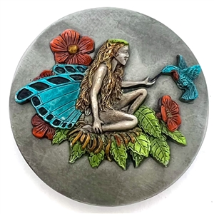 Battersea tinted pewter show favor button of a fairy feeding a hummingbird.
