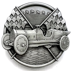 Battersea pewter show favor button of an older model race car with flags.