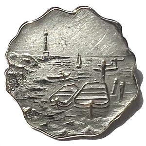 Silvered brass button of harbor scene with many types of water transportation. 