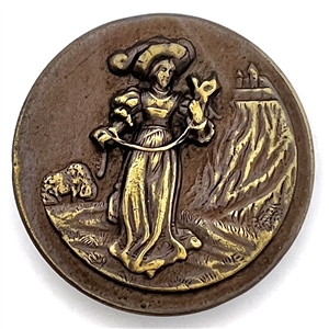 “Mary Tudor releasing her falcon before joining Brandon to elope" - tinted brass button.