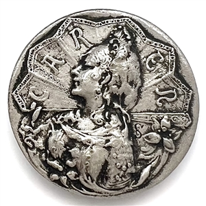 “Carmen" - French white metal opera button in Art Nouveau style.