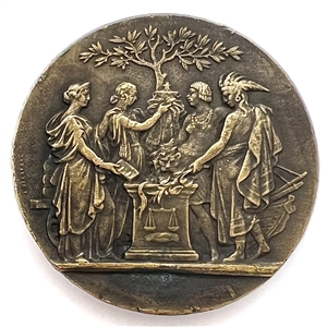 Heavy metal button of robed figures gathered around table under a tree.