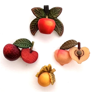 Four Weeber Vintage celluloid buttons of fruit with leaves.