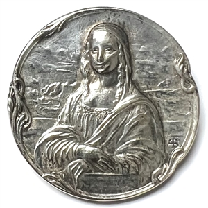 Silvered brass button of “Mona Lisa" by Armond Bargas.
