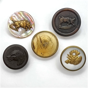 Five sporting buttons of various materials.