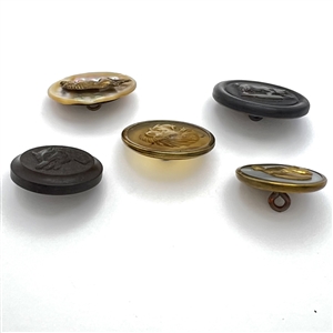 Five sporting buttons of various materials.