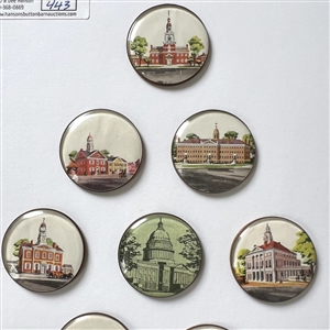 Card of nine studio watch crystal buttons by Harry James Wessel of capitol buildings.