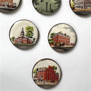 Card of nine studio watch crystal buttons by Harry James Wessel of capitol buildings.