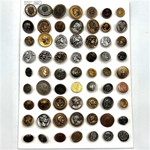 Card of 63 buttons of heads.