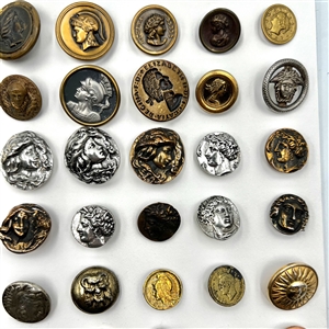 Card of 63 buttons of heads.